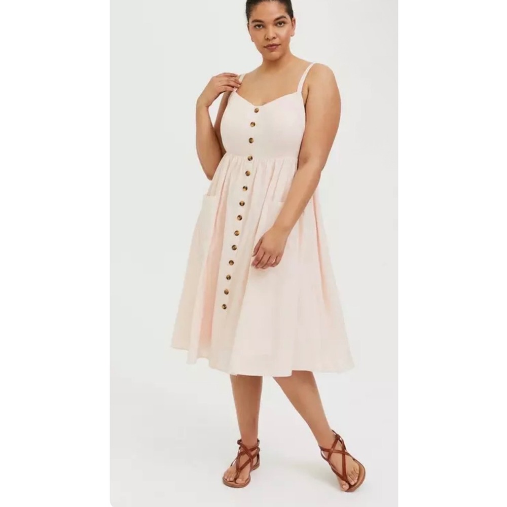 Torrid 2 Linen Blend Button Front Midi Sundress Peach Pink Plus Size 2x 18 20